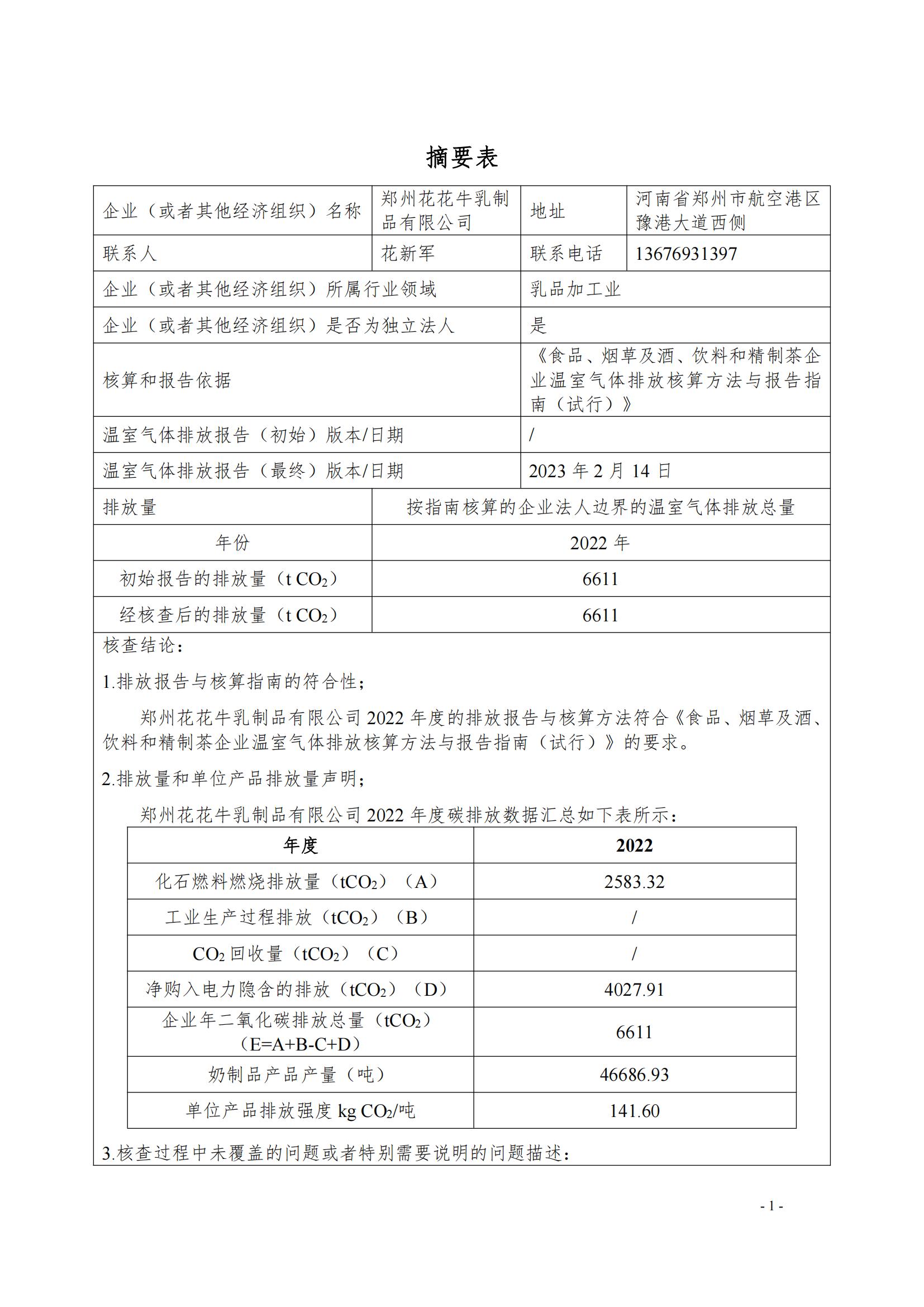 《郑州米兰(中国)乳制品有限公司2022年度温室气体排放核查报告》公示